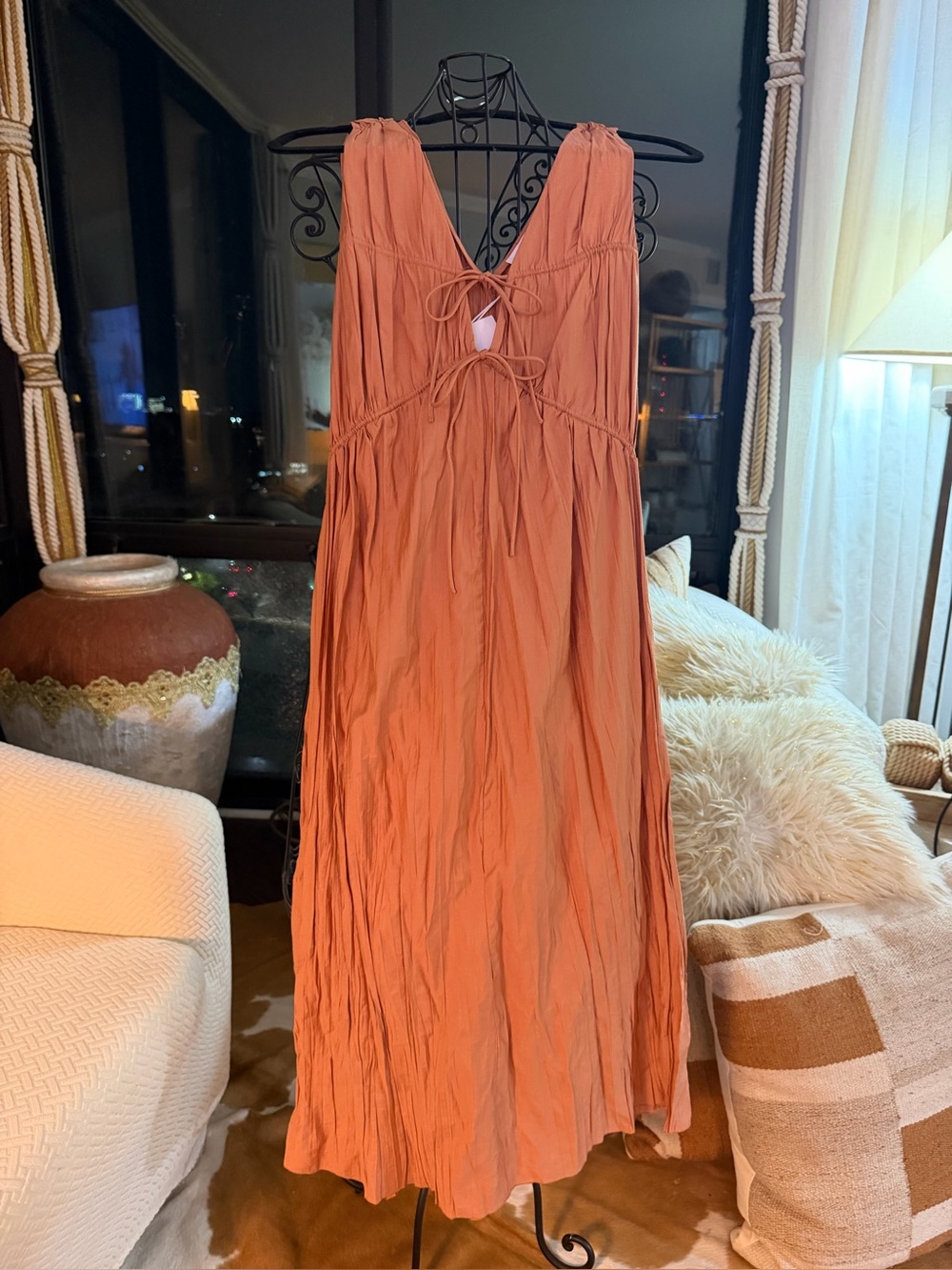 Sleeveless Rust Maxi Dress with Front Tie
